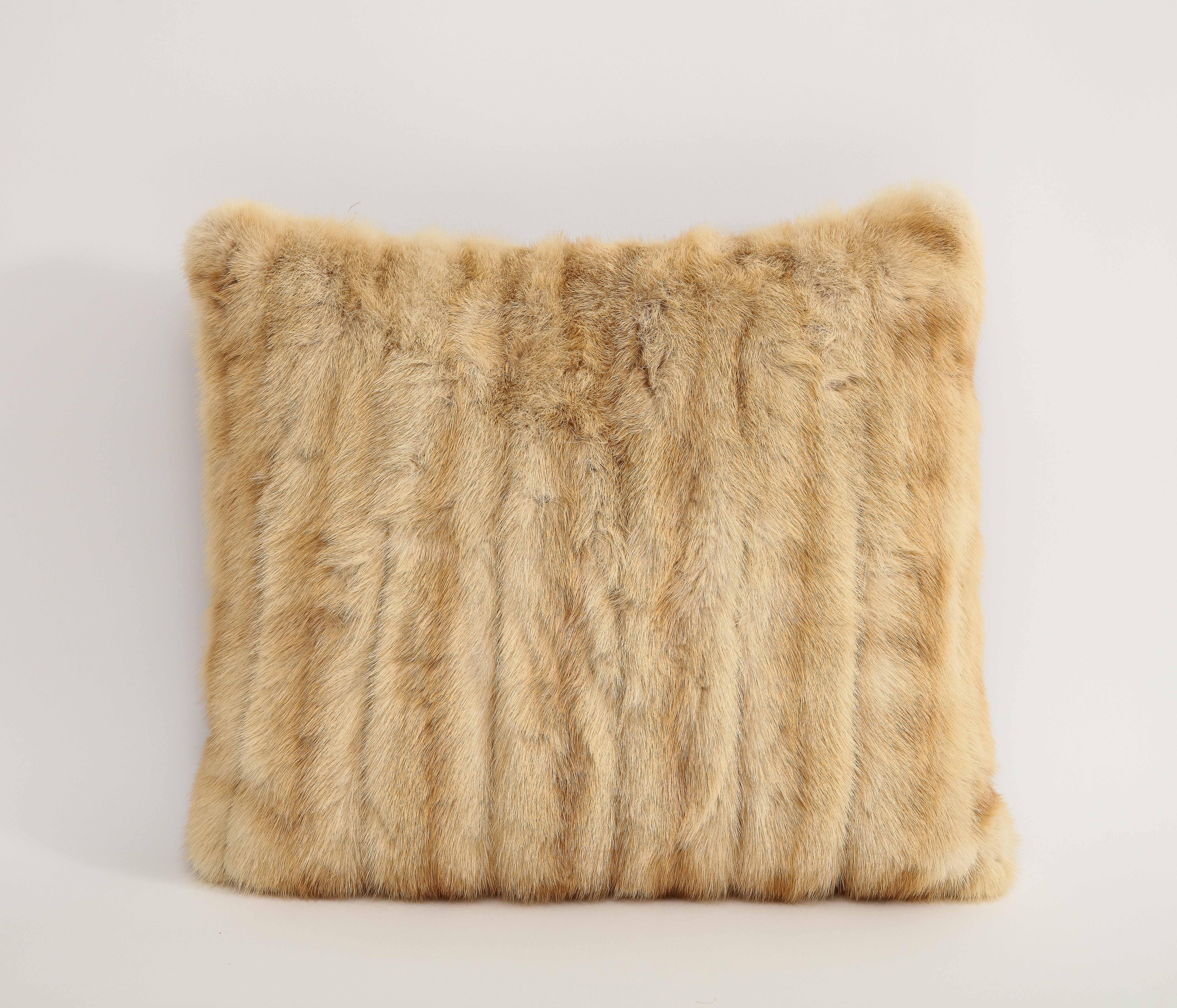 Decorative throw pillow with natural blonde mink fur, brown velvet on the reverse. 