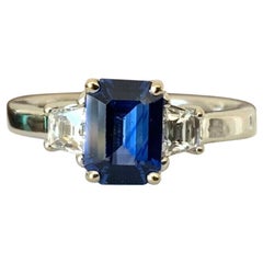 Natural Blue 1.19 Carat Emerald Cut Sapphire and Diamond Ring 18k GIA Certified
