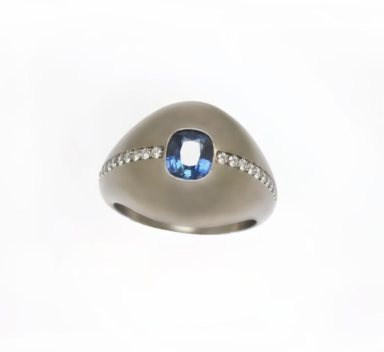 Round Cut Natural Blue 1.45 Kt Sapphire Diamond Titanium Handmade Unique Ring For Sale
