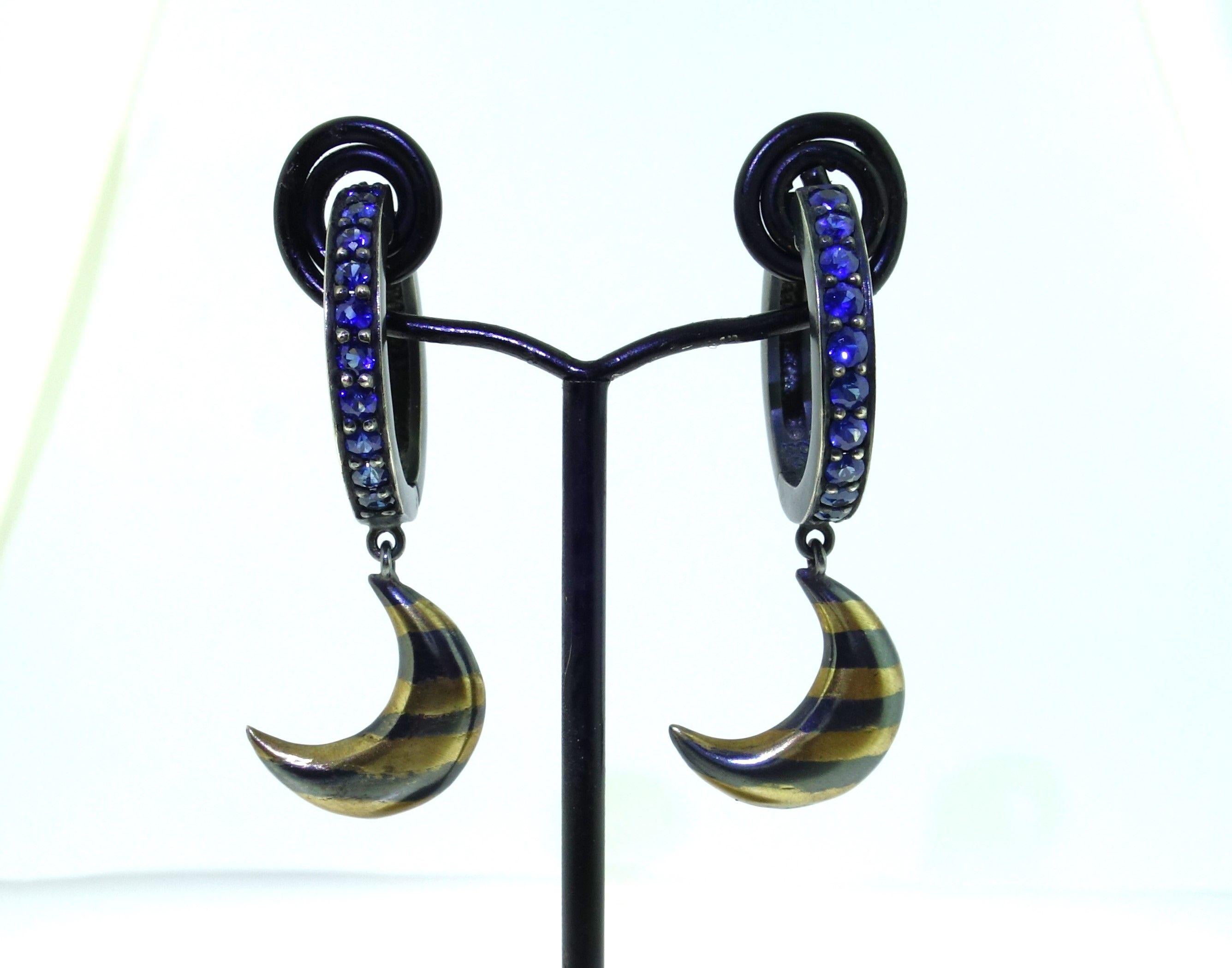 Women's Natural Blue and Pink Sapphire Gold and Oxidized Sterling Silver Drop Earring For Sale