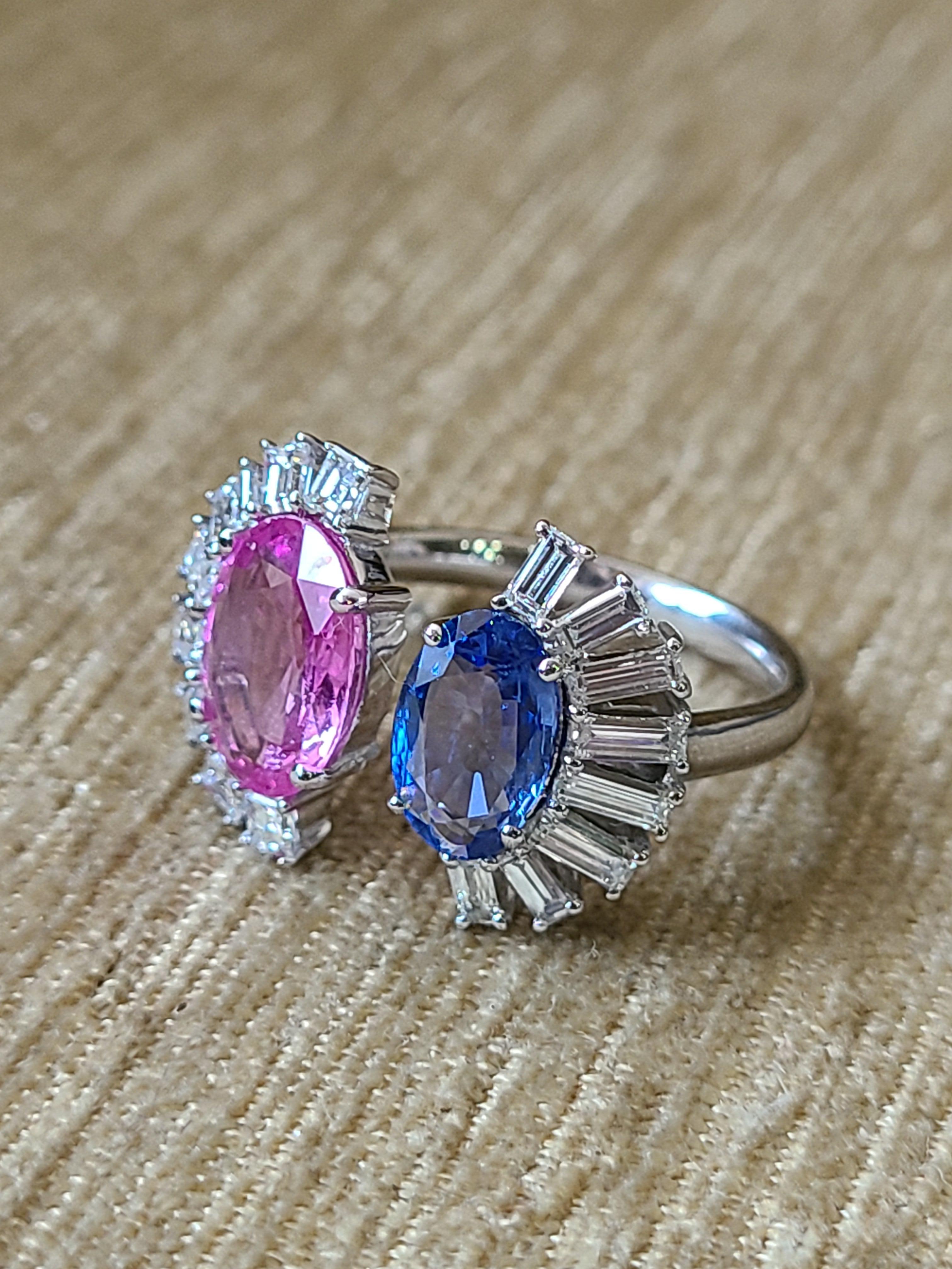 Oval Cut Natural Blue and Pink Sapphire Ring Set in 18 Karat Gold with Diamonds