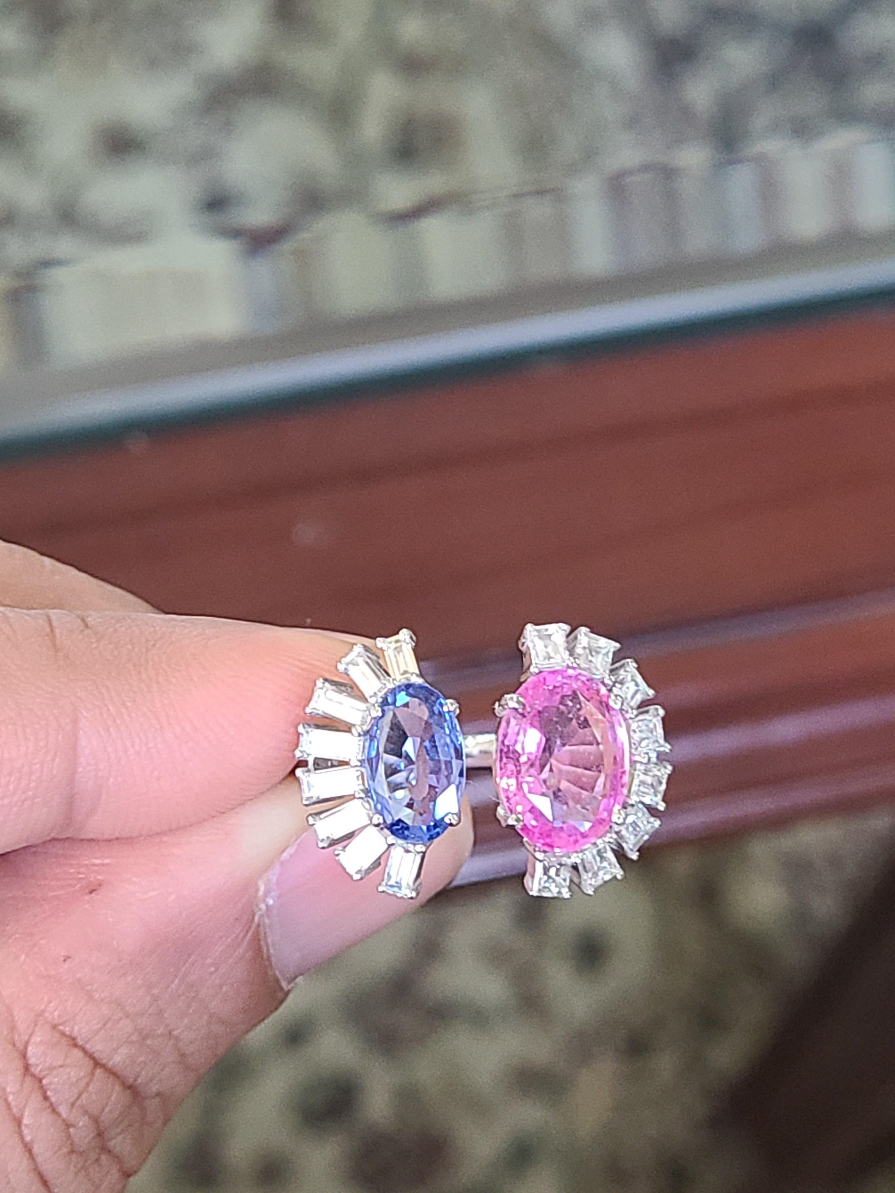 Women's Natural Blue and Pink Sapphire Ring Set in 18 Karat Gold with Diamonds