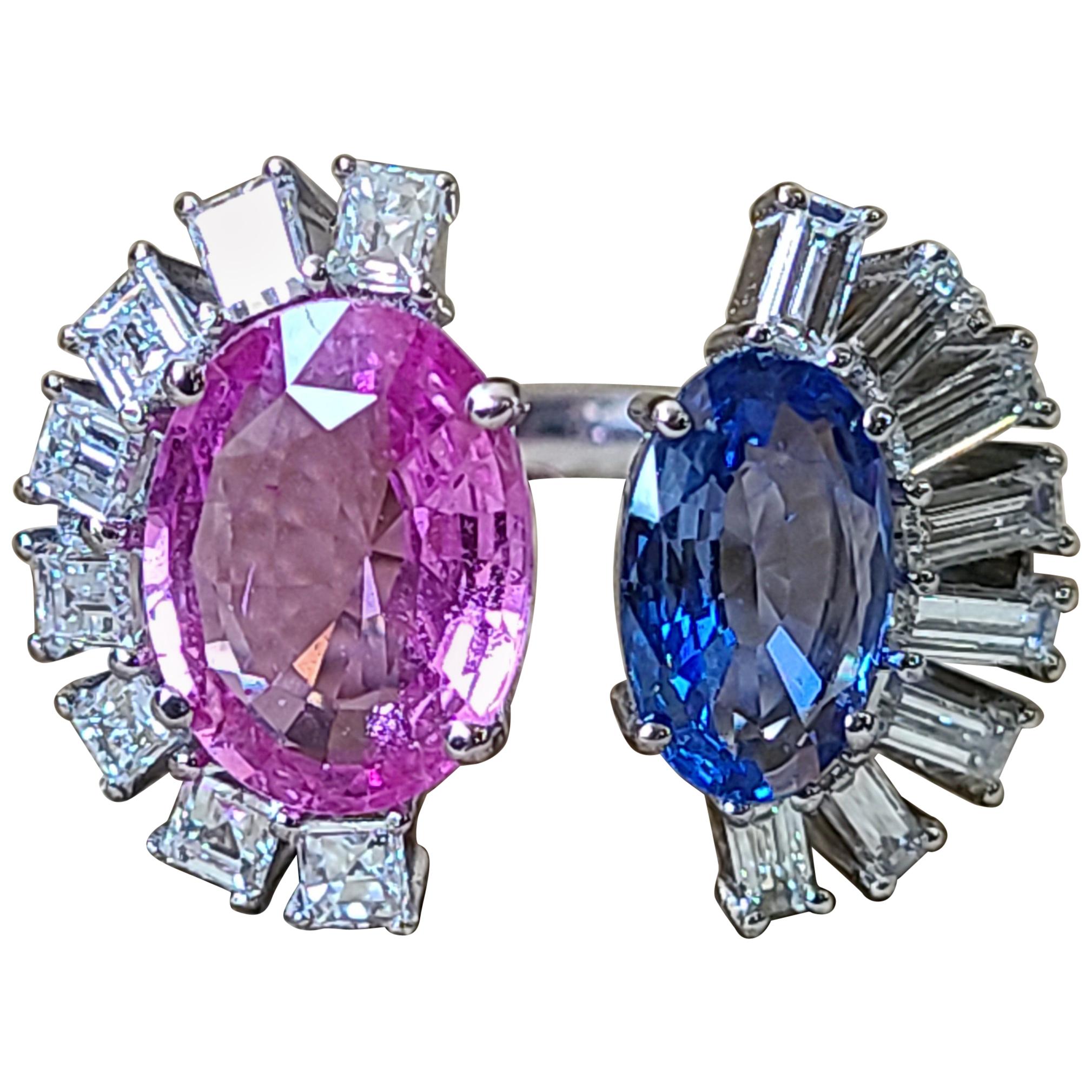 Natural Blue and Pink Sapphire Ring Set in 18 Karat Gold with Diamonds