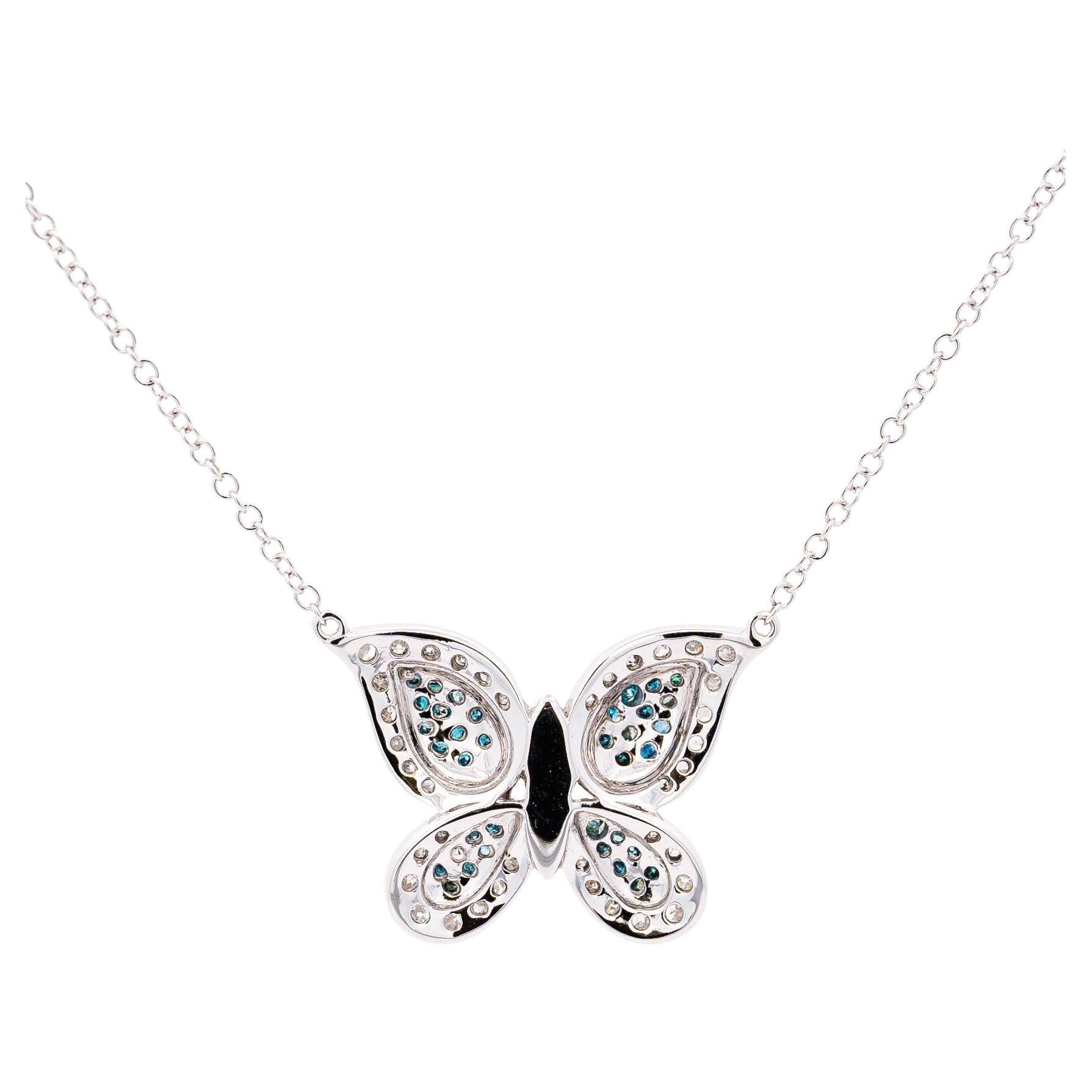 Modern Natural Blue and White Diamond Cluster Floating Butterfly 14K Chain Necklace For Sale