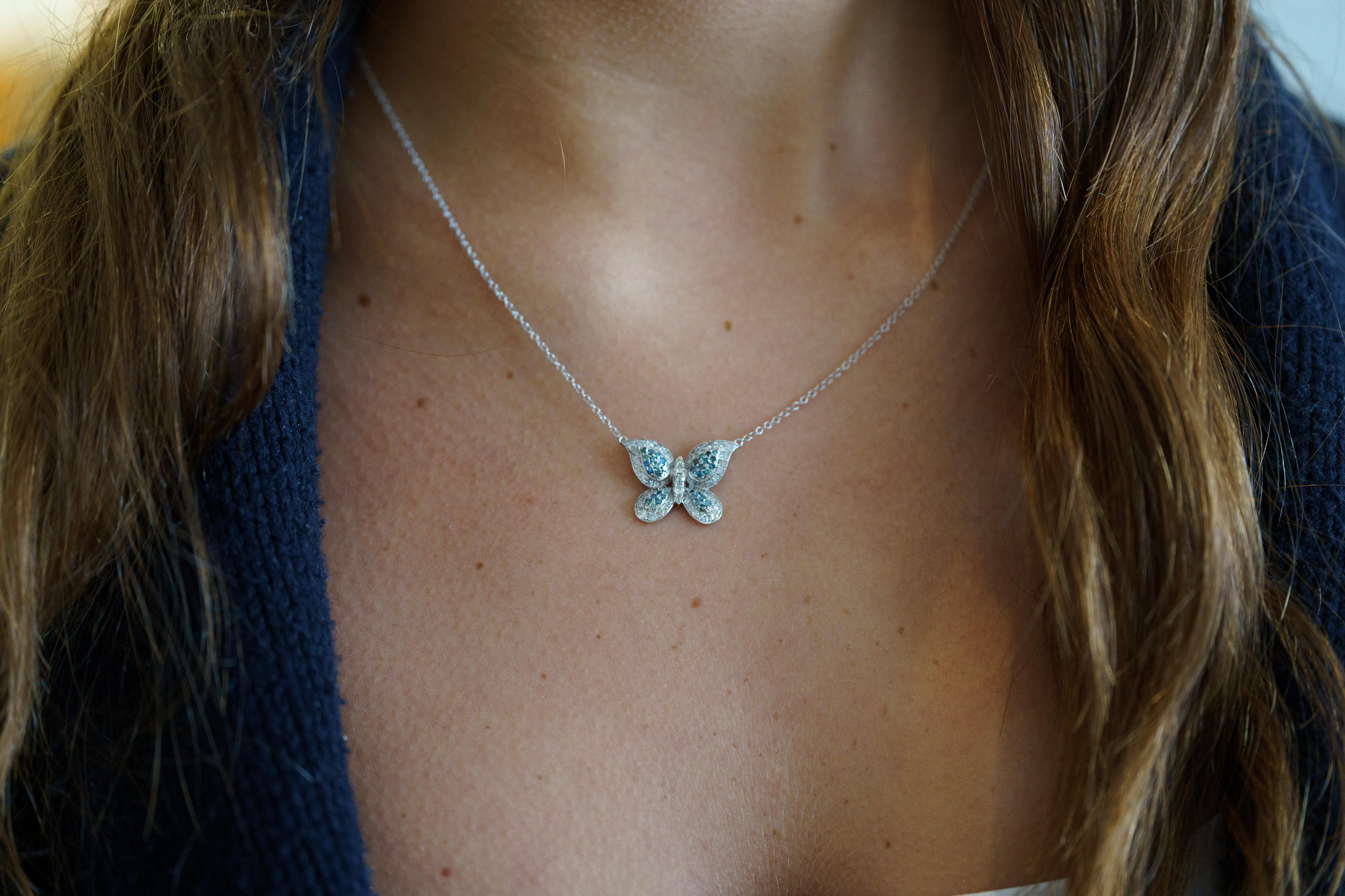 Women's Natural Blue and White Diamond Cluster Floating Butterfly 14K Chain Necklace For Sale
