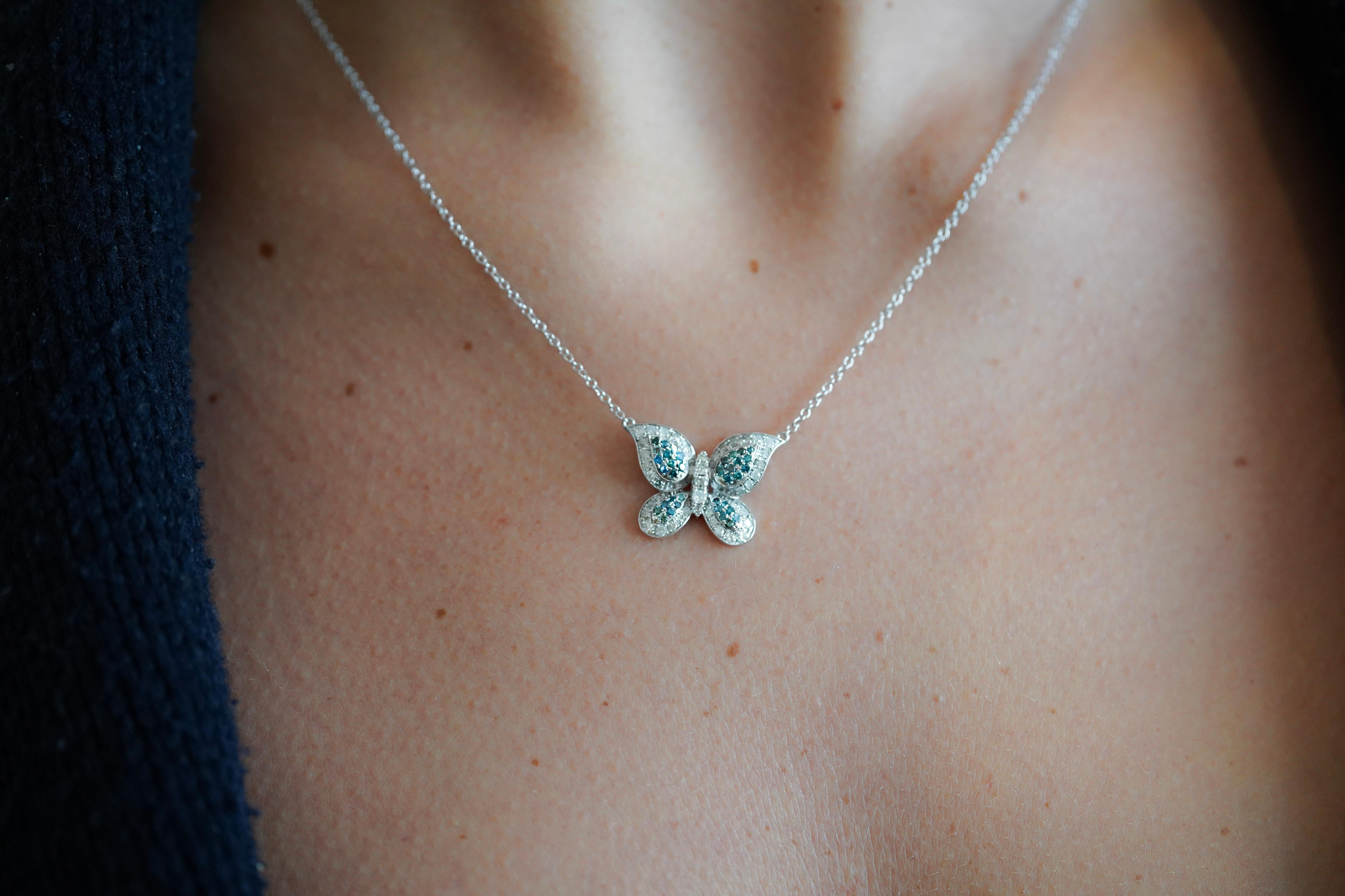 Natural Blue and White Diamond Cluster Floating Butterfly 14K Chain Necklace For Sale 1