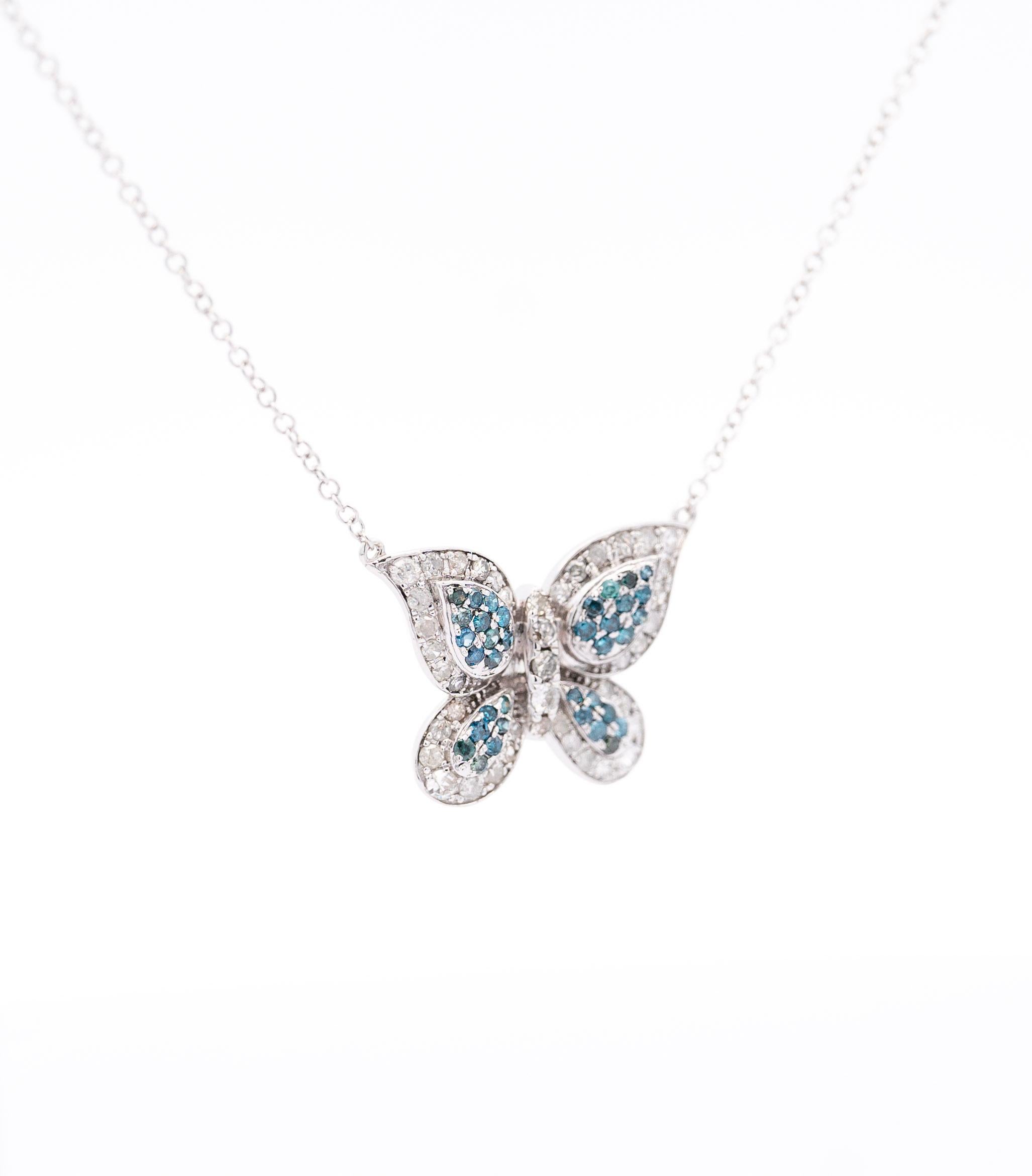 Natural Blue and White Diamond Cluster Floating Butterfly 14K Chain Necklace For Sale 3