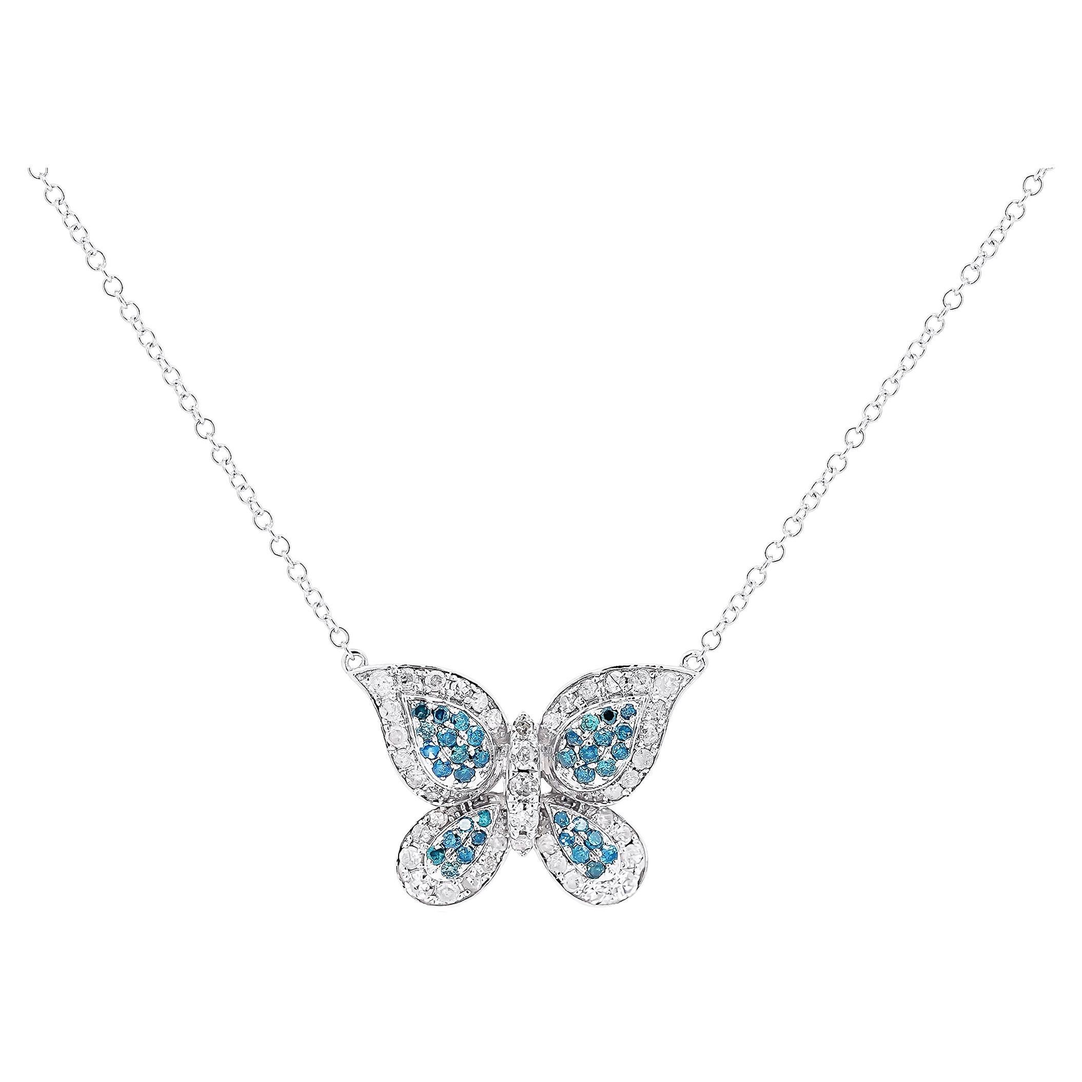 Natural Blue and White Diamond Cluster Floating Butterfly 14K Chain Necklace For Sale