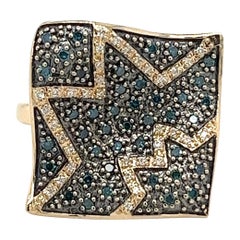 Natural Blue and White Diamond Cluster Wide Frame Flat Wavy Ring in 14k Gold