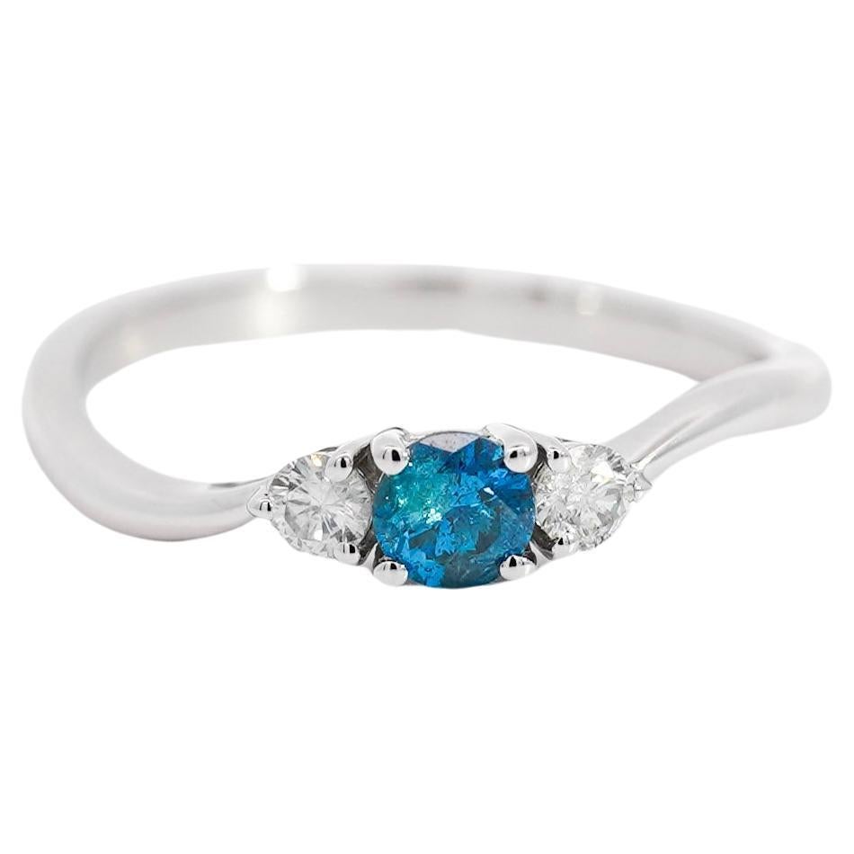 Natural Blue and White Diamond Three Stone Ring in 14K White Gold  For Sale