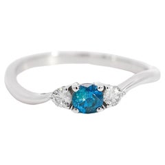 Natural Blue and White Diamond Three Stone Ring in 14K White Gold 