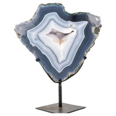 Natural Blue and White Lace Agate Geode Slice with White Galaxy Druzy