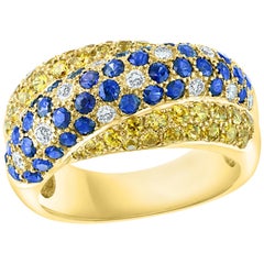 Natural Blue and Yellow Sapphire and Diamond 18 Karat Yellow Gold Ring