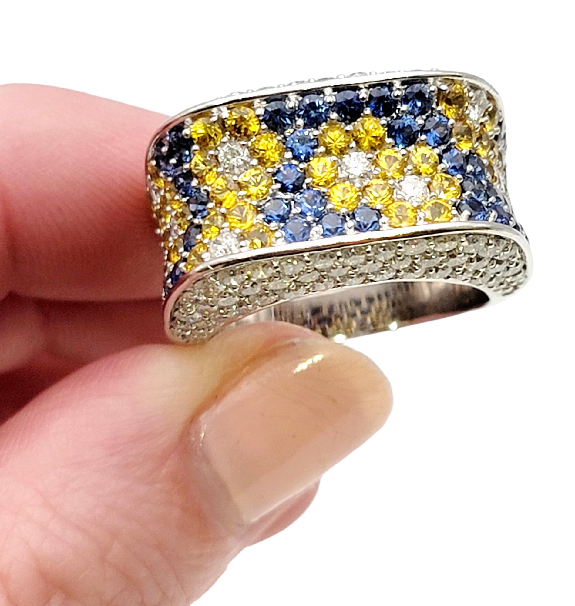 Natural Blue and Yellow Sapphire and Diamond Flowers Saddle Ring in White Gold For Sale 5