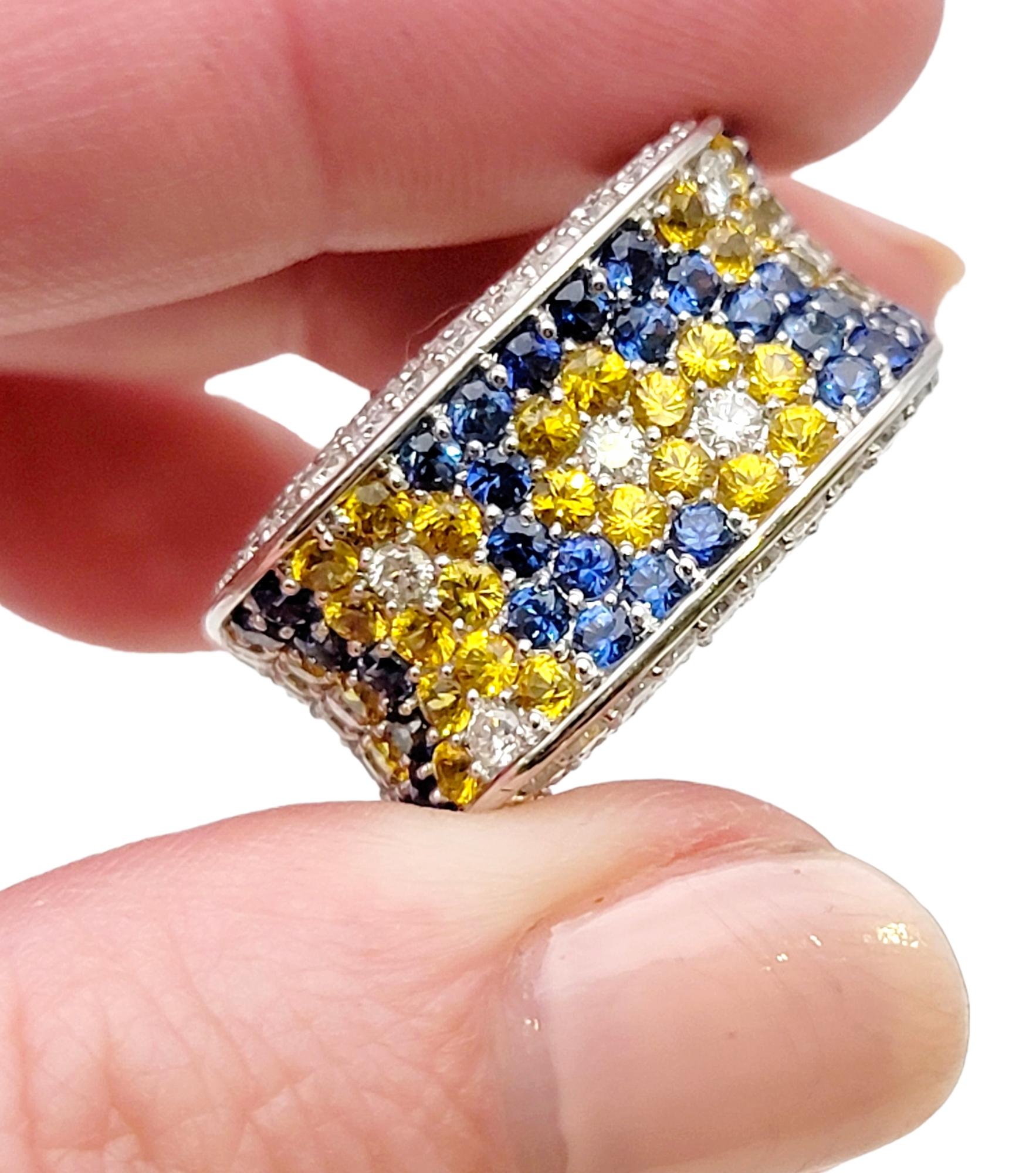 Natural Blue and Yellow Sapphire and Diamond Flowers Saddle Ring in White Gold For Sale 6