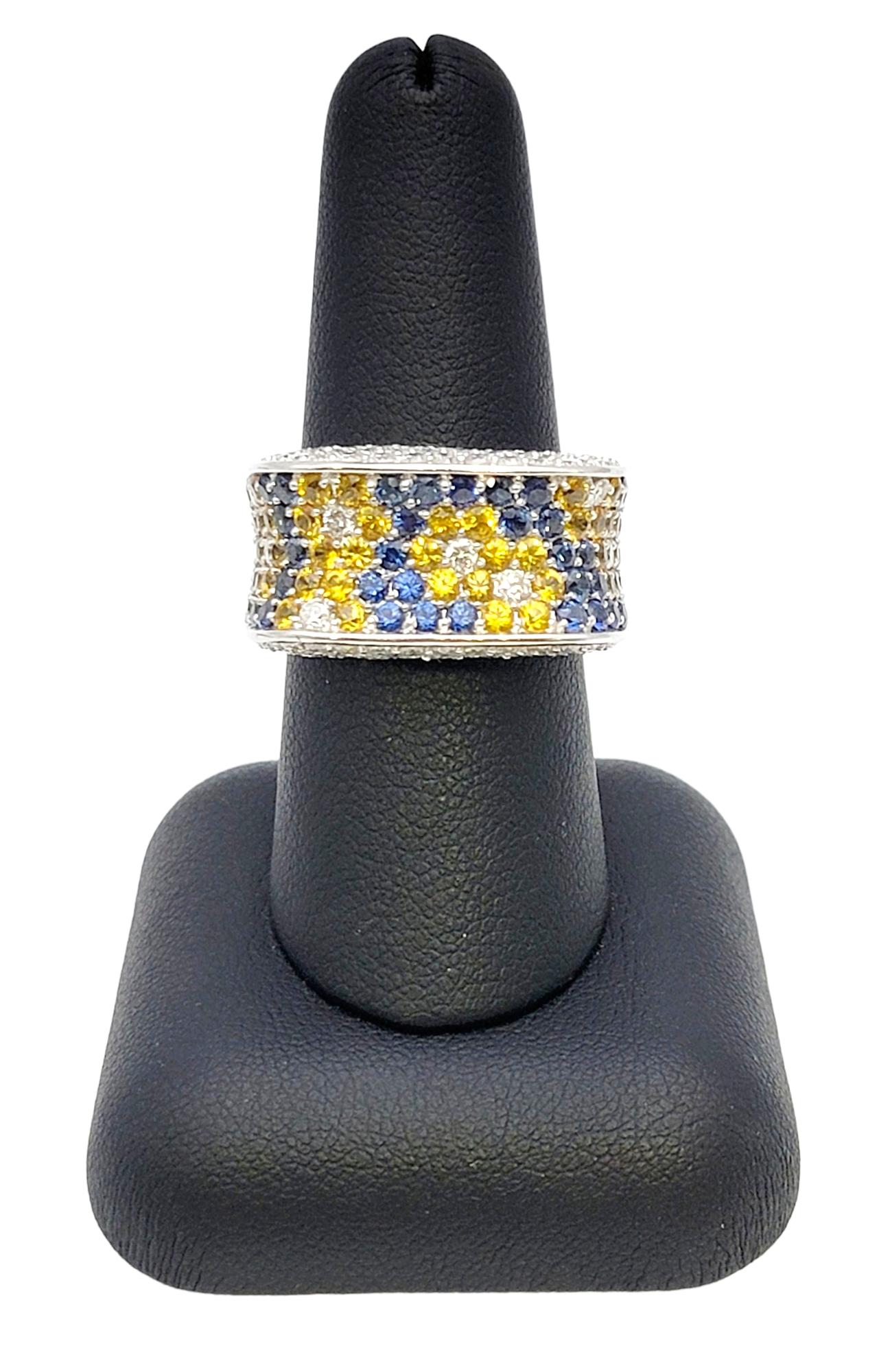 Natural Blue and Yellow Sapphire and Diamond Flowers Saddle Ring in White Gold For Sale 8