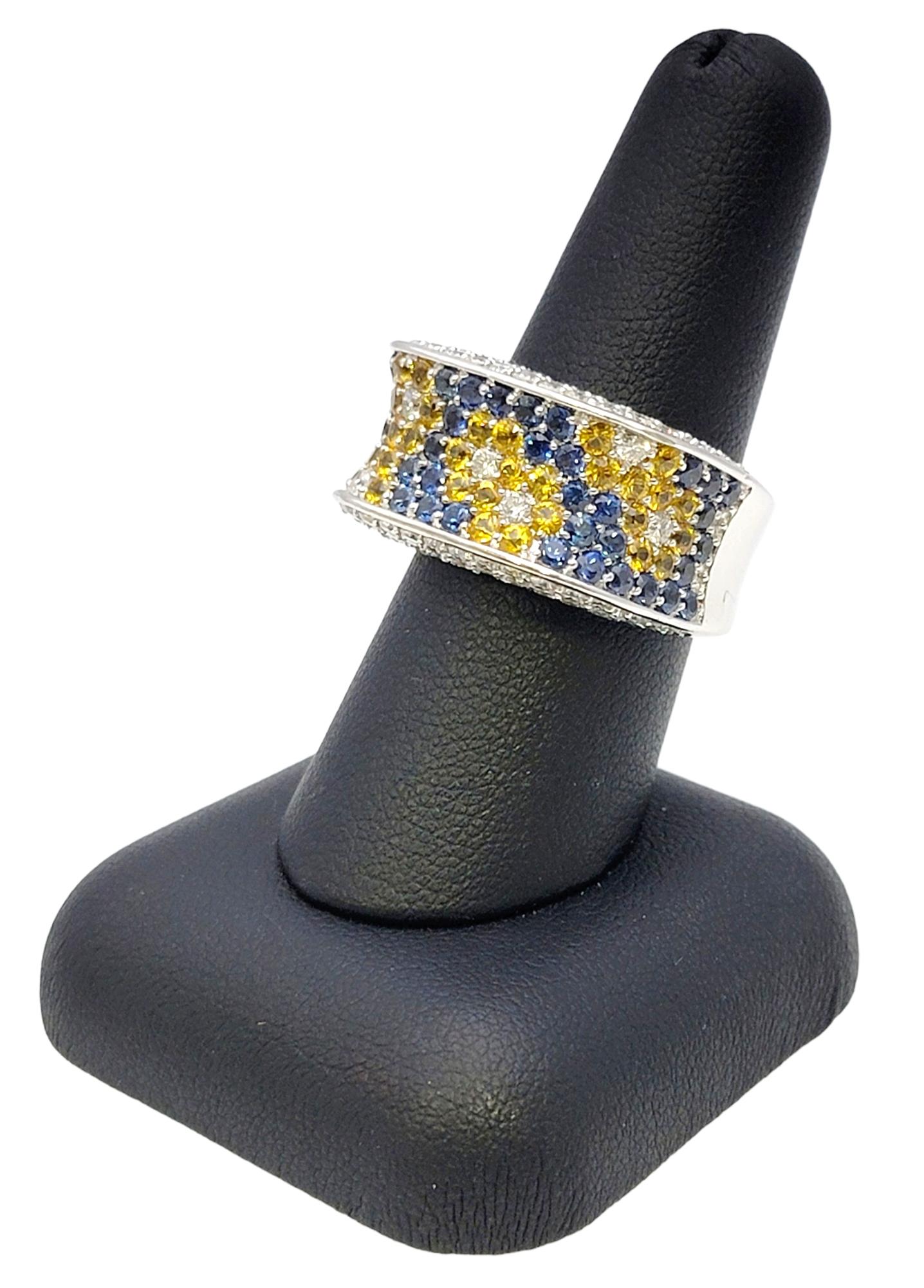 Natural Blue and Yellow Sapphire and Diamond Flowers Saddle Ring in White Gold For Sale 9