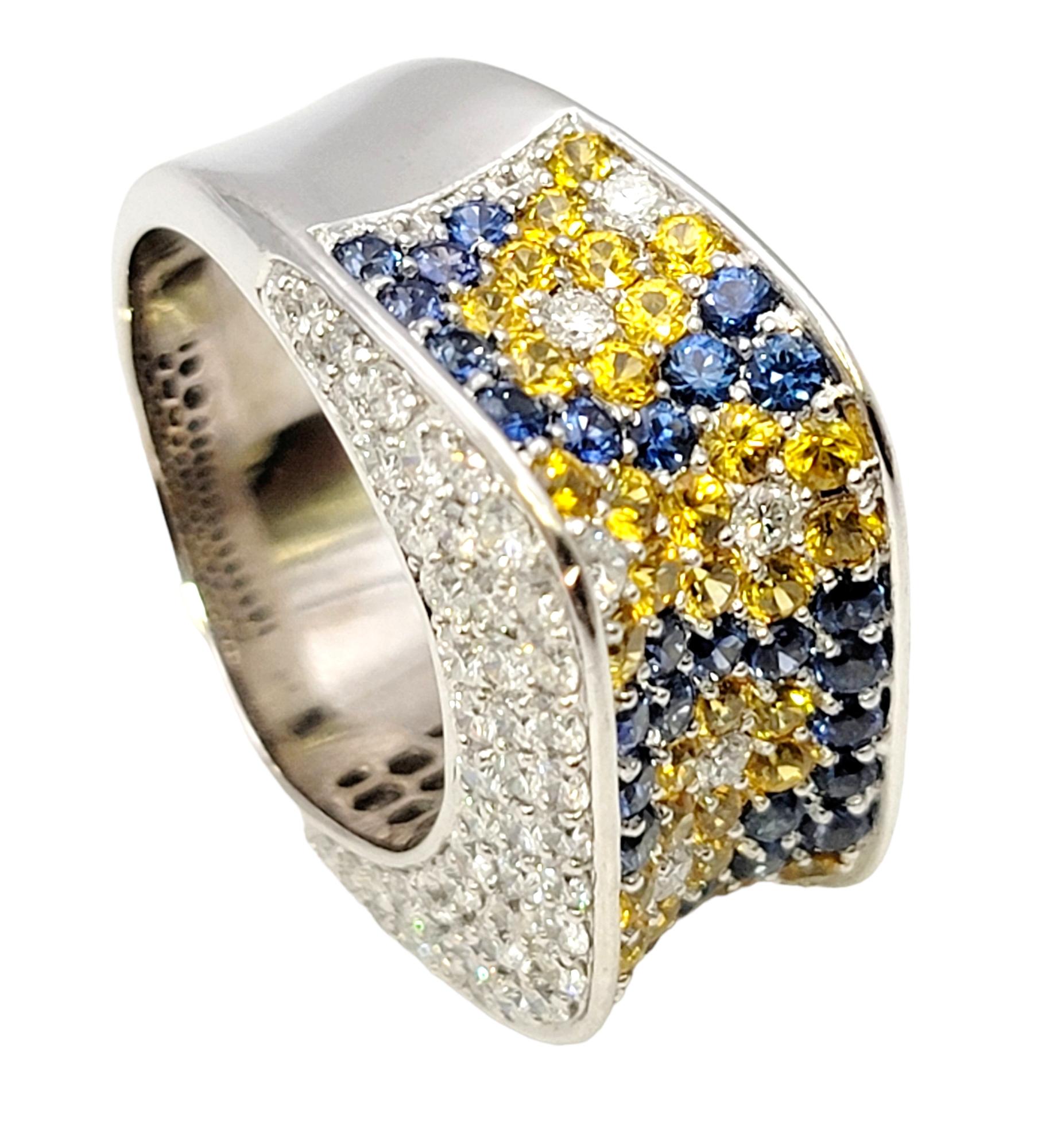 Round Cut Natural Blue and Yellow Sapphire and Diamond Flowers Saddle Ring in White Gold For Sale