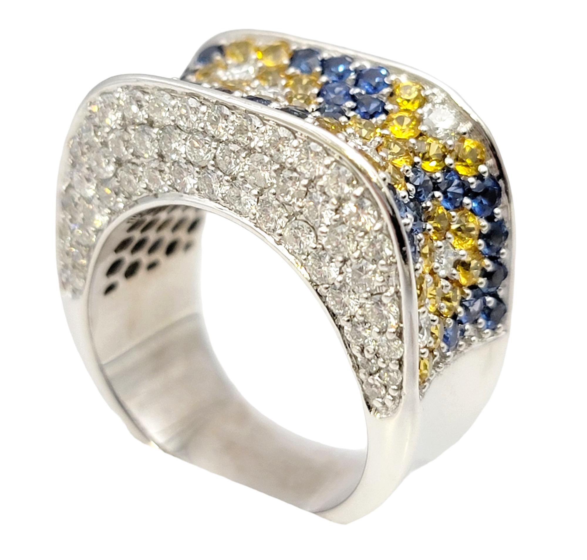 Natural Blue and Yellow Sapphire and Diamond Flowers Saddle Ring in White Gold In Good Condition For Sale In Scottsdale, AZ