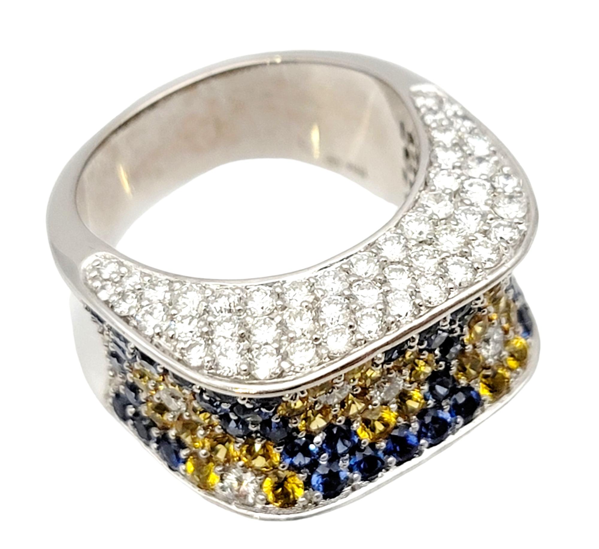 Women's Natural Blue and Yellow Sapphire and Diamond Flowers Saddle Ring in White Gold For Sale