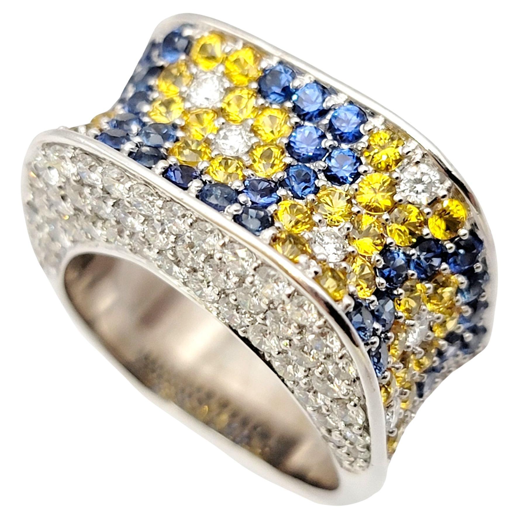 Natural Blue and Yellow Sapphire and Diamond Flowers Saddle Ring in White Gold For Sale