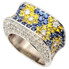 Used Natural Blue and Yellow Sapphire and Diamond Flowers Saddle Ring in White Gold