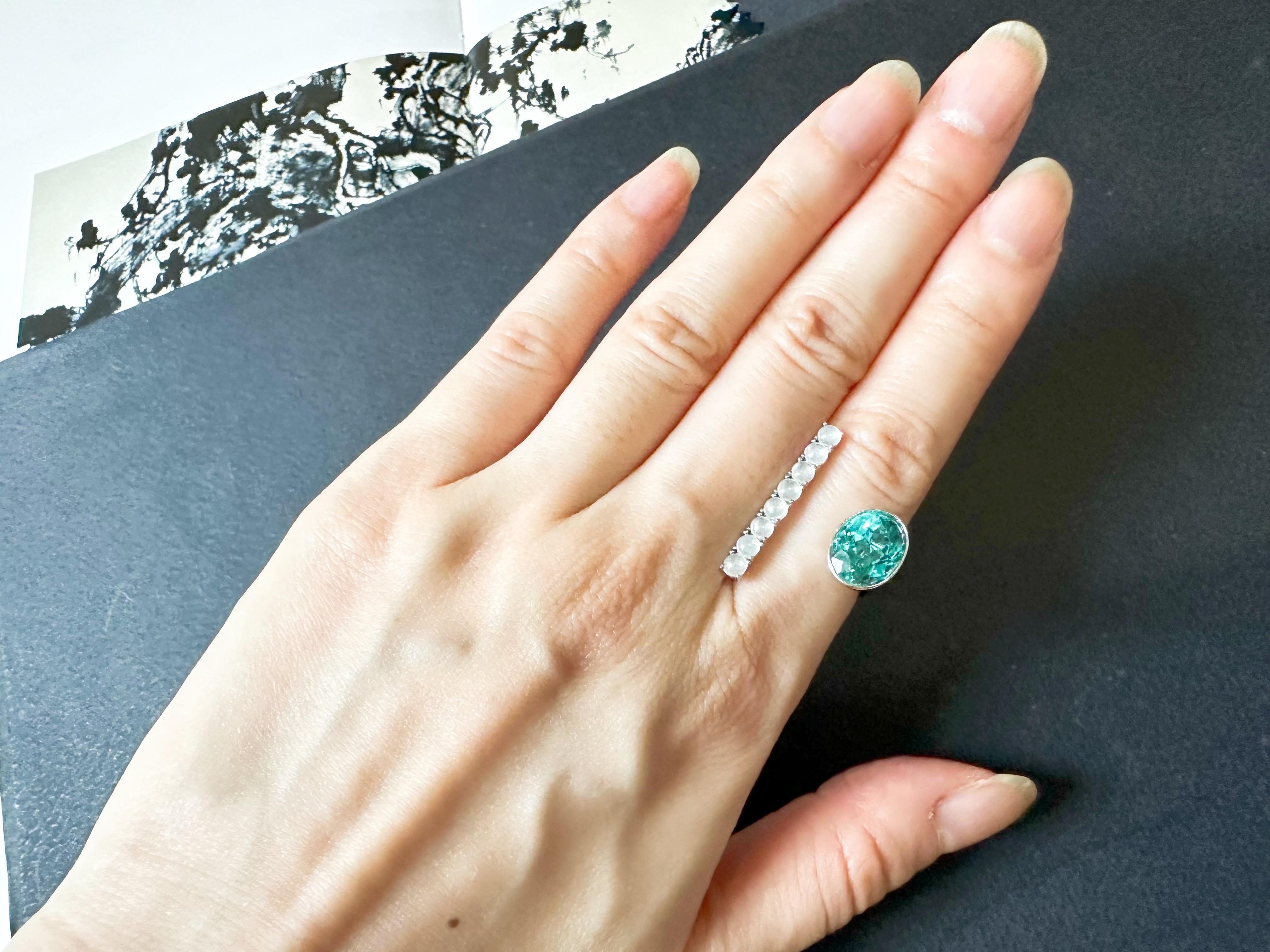 Natural Blue Apatite and Icy Jade Cabochons Open Ring in 18K White Gold in vendita 7