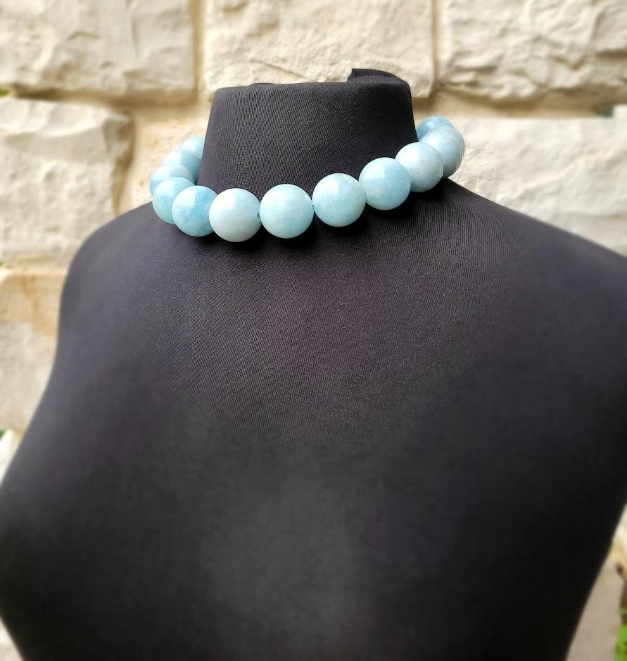 Bead Blue Aquamarine Necklace with Mother of Pearl Toggle Clasp For Sale