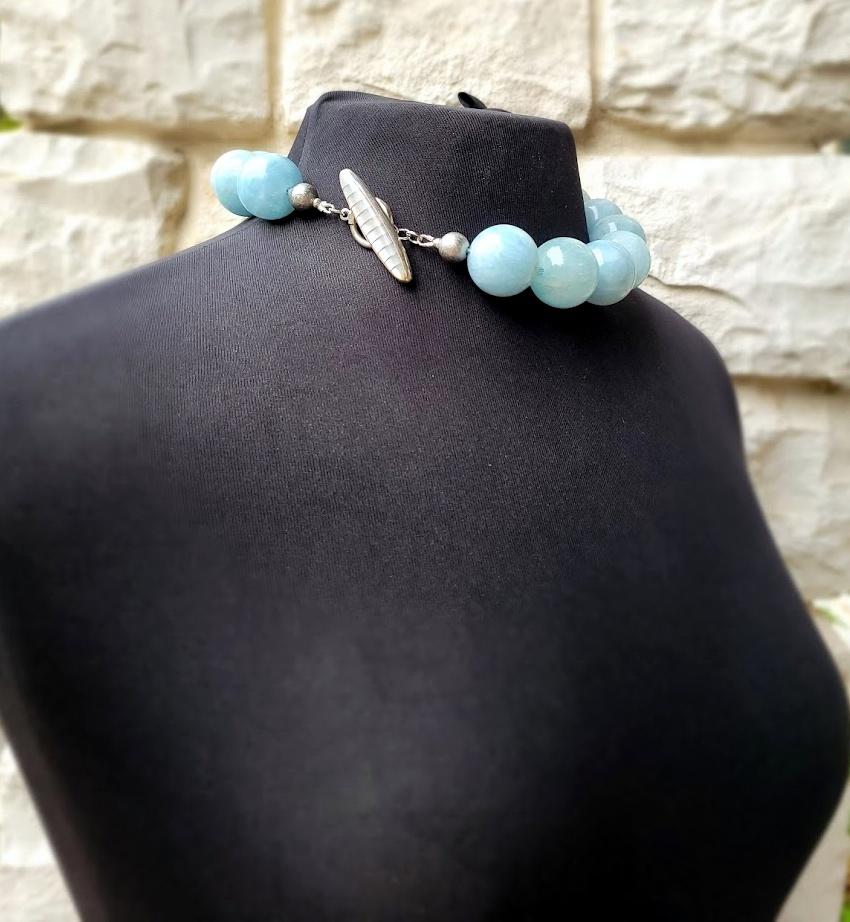 Blue Aquamarine Necklace with Mother of Pearl Toggle Clasp In New Condition For Sale In Chesterland, OH