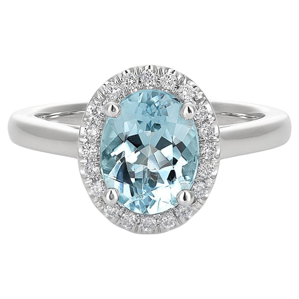 Natural Blue Aquamarine Gemstone 1.13 cts in 14K White Gold Ring with Diamonds