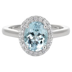 Natural Blue Aquamarine Gemstone 1.76 cts in 14K White Gold Ring with Diamonds
