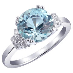 Natürlicher blauer Aquamarin Edelstein 2,40 Karat in 14K Weißgold Ring mit Diamanten