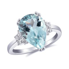 Natural Blue Aquamarine Gemstone 3.43 cts in 14K White Gold Ring with Diamonds