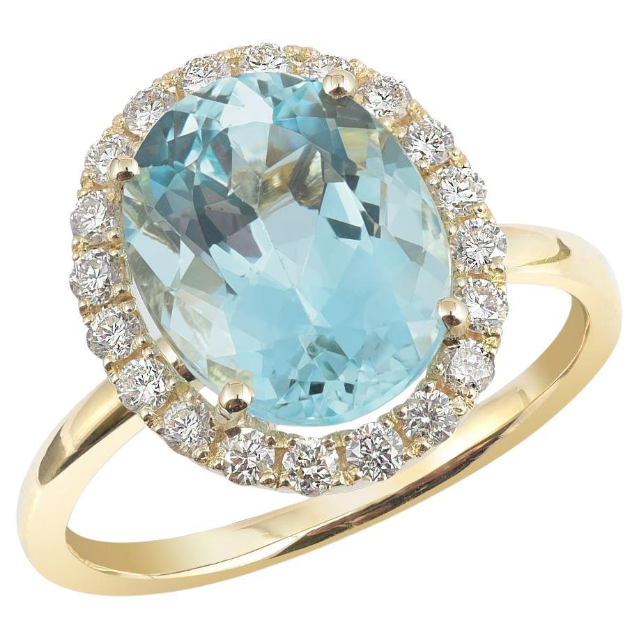 Natural Blue Aquamarine Gemstone 3.54 cts in 14K Yellow Gold Ring with Diamonds