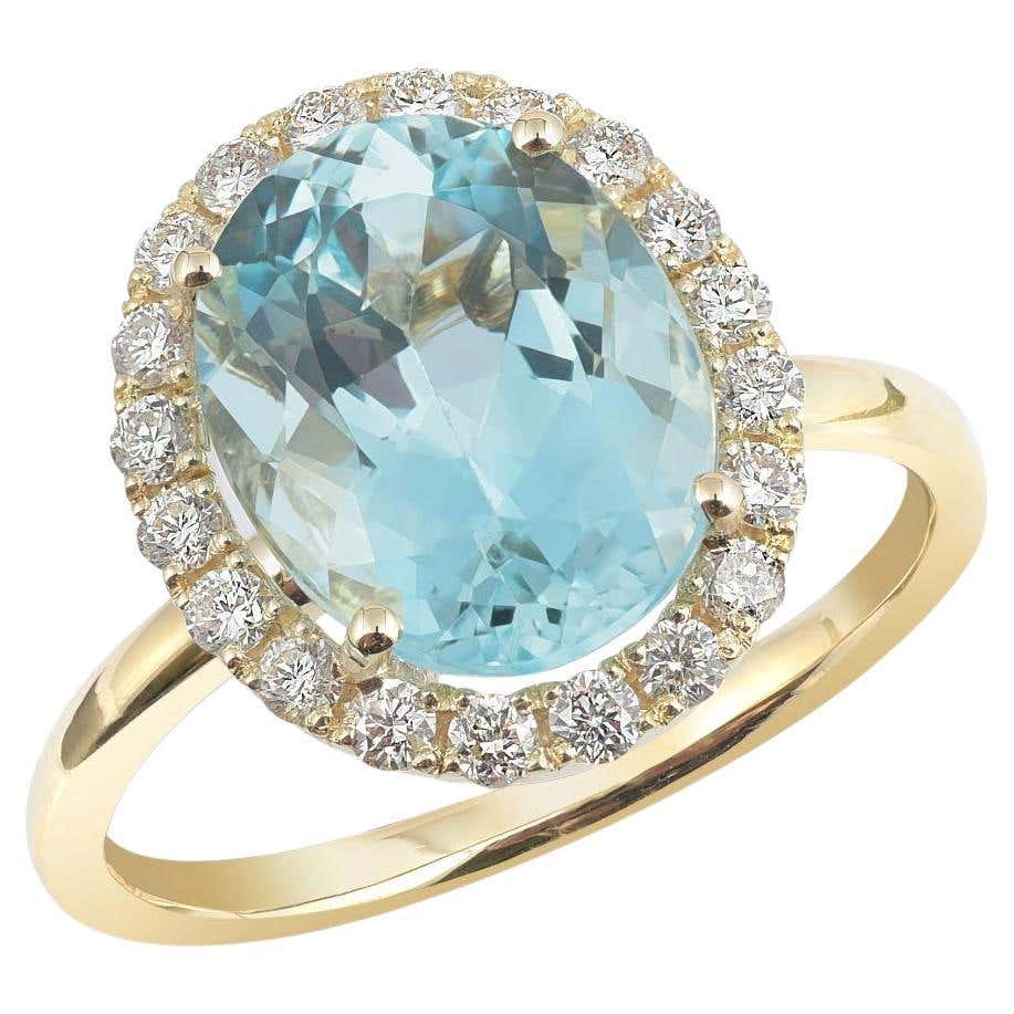 Radiant Natural Aquamarine Diamond Ring: Elegance in 14K Yellow Gold ...