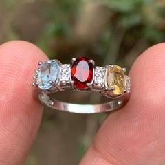 Natural Blue Aquamarine, Red Garnet & Yellow Citrine Ring in 925 Sterling Silver