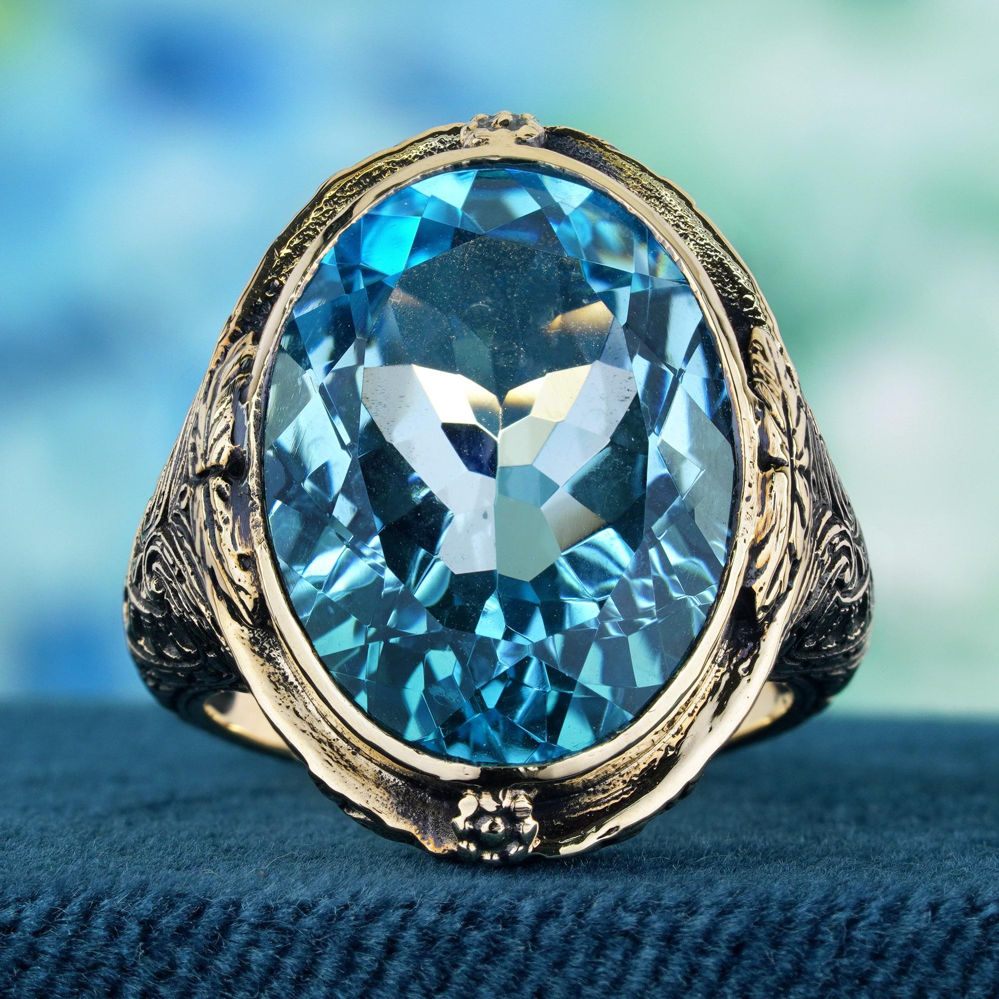 Edwardian Natural Blue Blue Topaz Vintage Style Cocktail Ring in Solid 9K Yellow Gold For Sale