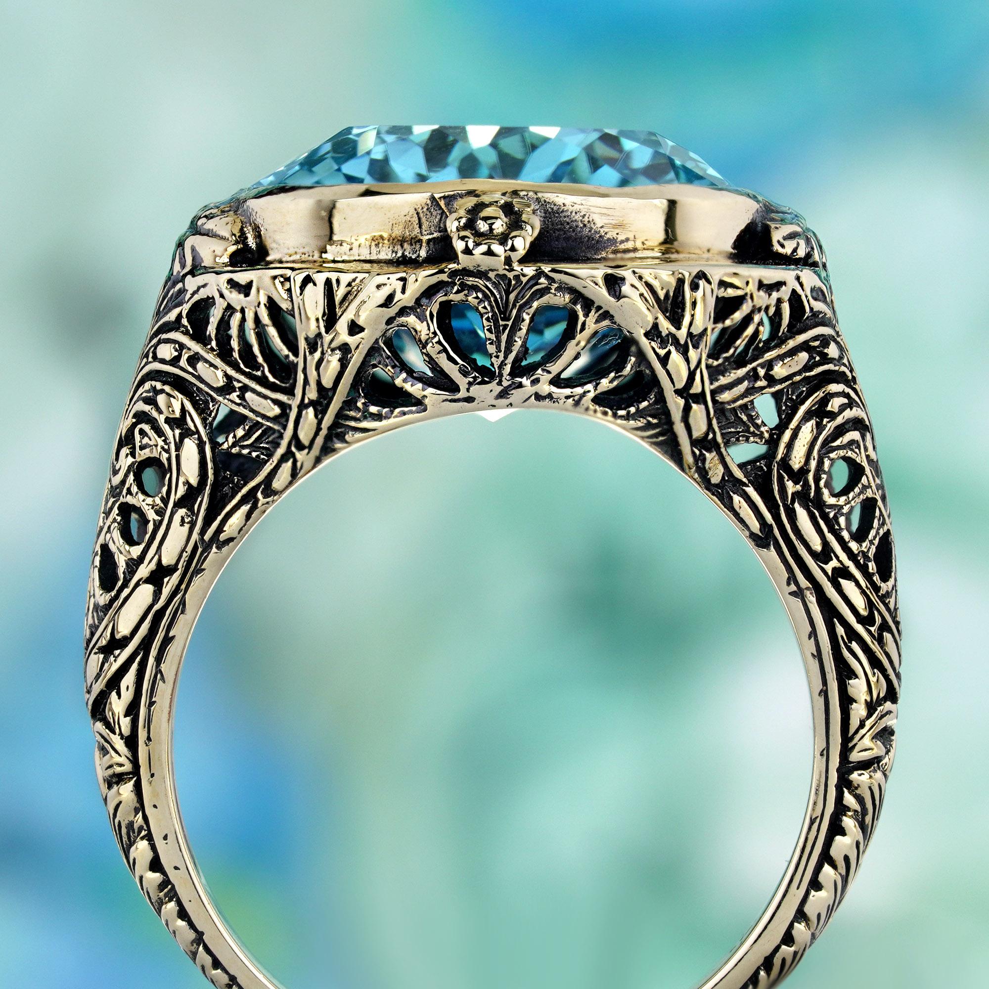 Natural Blue Blue Topaz Vintage Style Cocktail Ring in Solid 9K Yellow Gold In New Condition For Sale In Bangkok, TH