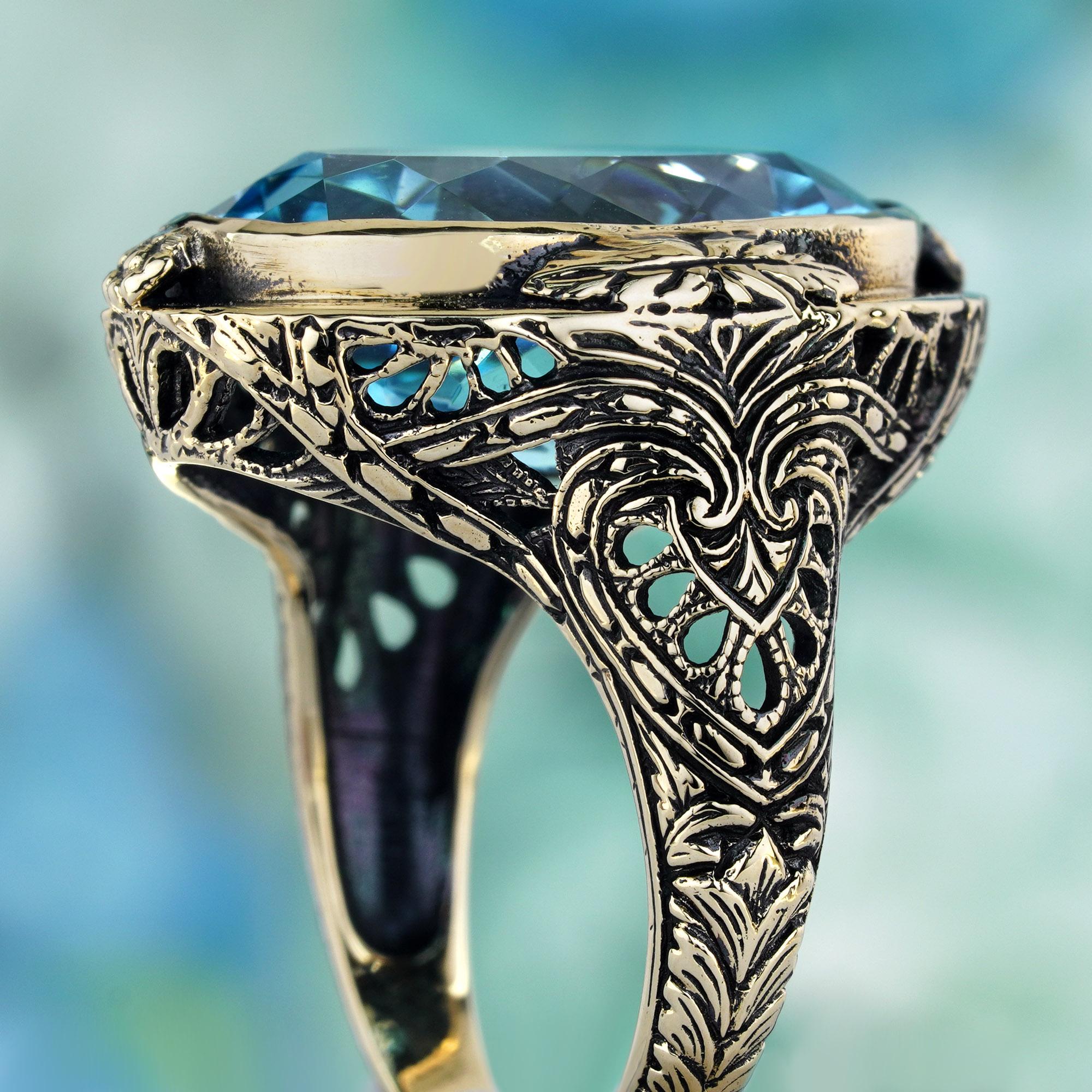 Women's Natural Blue Blue Topaz Vintage Style Cocktail Ring in Solid 9K Yellow Gold For Sale