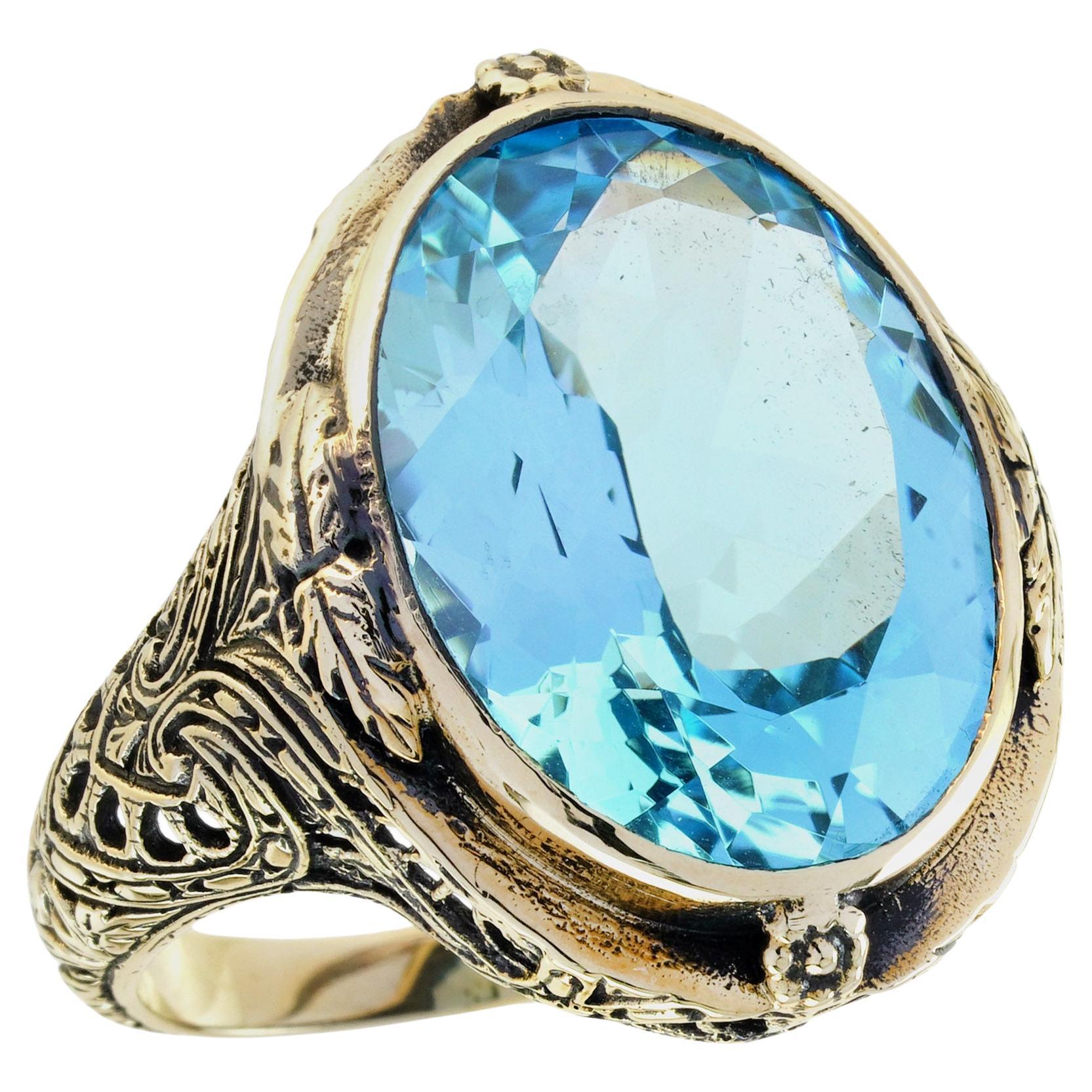 Anello da cocktail in stile vintage con topazio blu naturale in oro giallo massiccio 9 carati