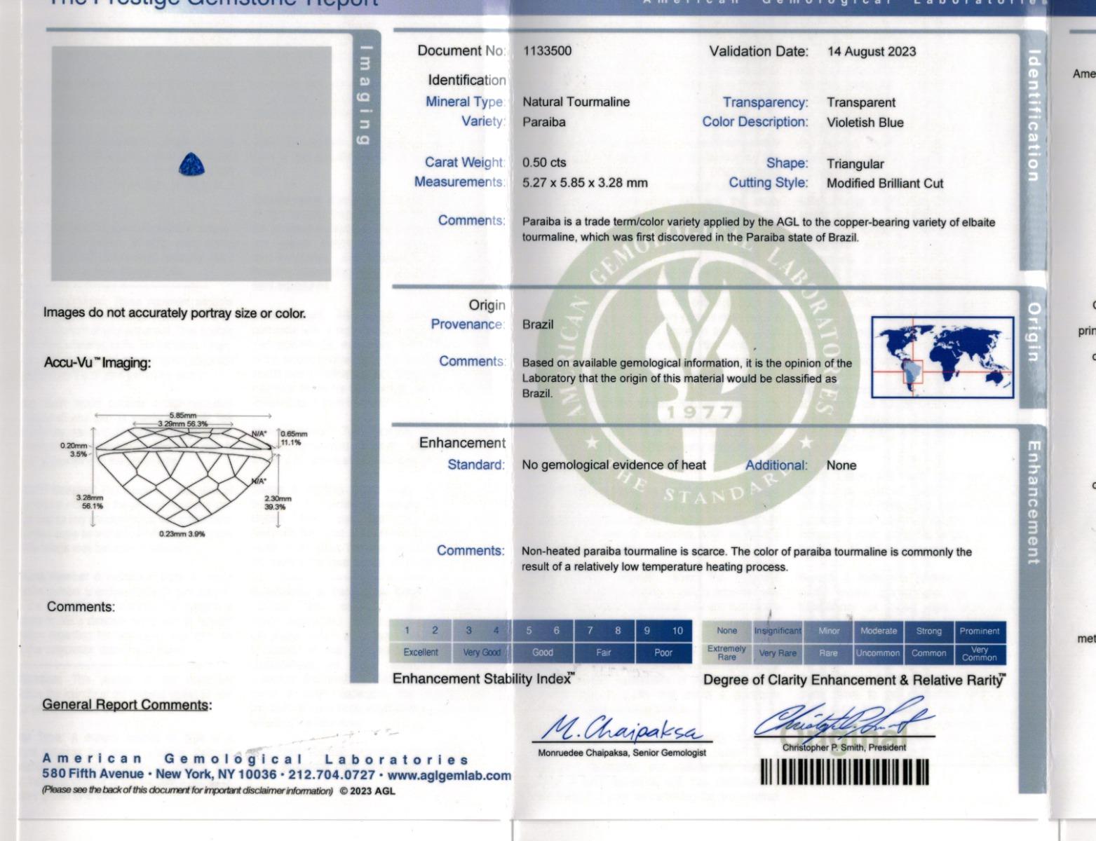 Natürlicher blauer Brasilien Paraiba Turmalin Edelstein 0,50 Karat mit AGL Bericht (Brillantschliff)