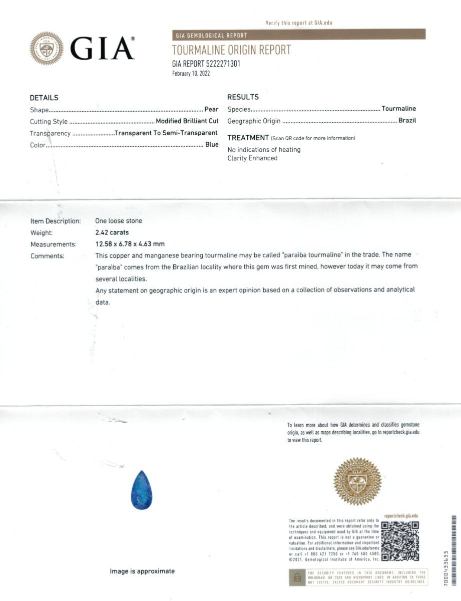 Natürlicher blauer Brasilien Paraiba Turmalin Edelstein 2,42 Karat mit GIA Bericht (Brillantschliff)