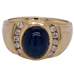 Retro Natural Blue Cabochon Sapphire Diamond Yellow Gold Men's Ring