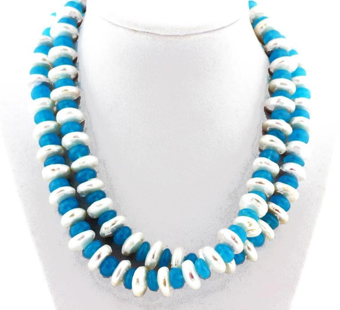 Gemjunky BoHo Chic  Natural Blue Chalcedony Gems & Rondel Ocean Pearl Necklace In New Condition In Raleigh, NC