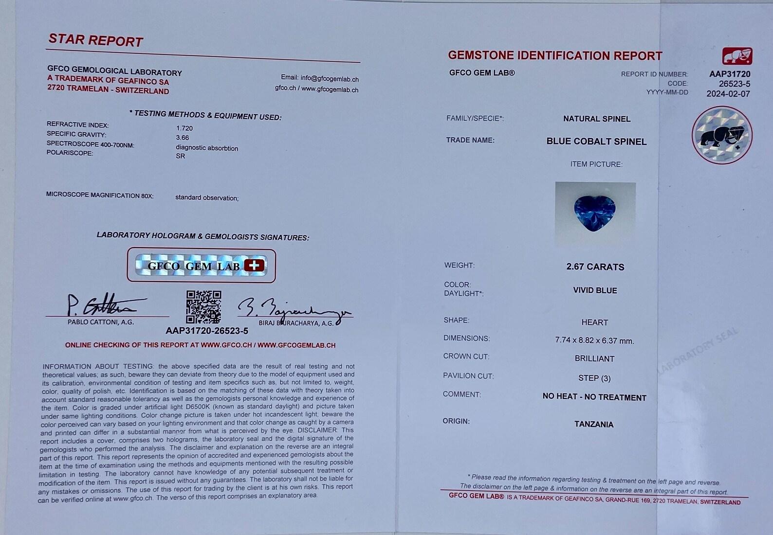Heart Cut Natural blue Cobalt Spinel loose gemstone 2.67 ct., heart cut, Origin Tanzania For Sale