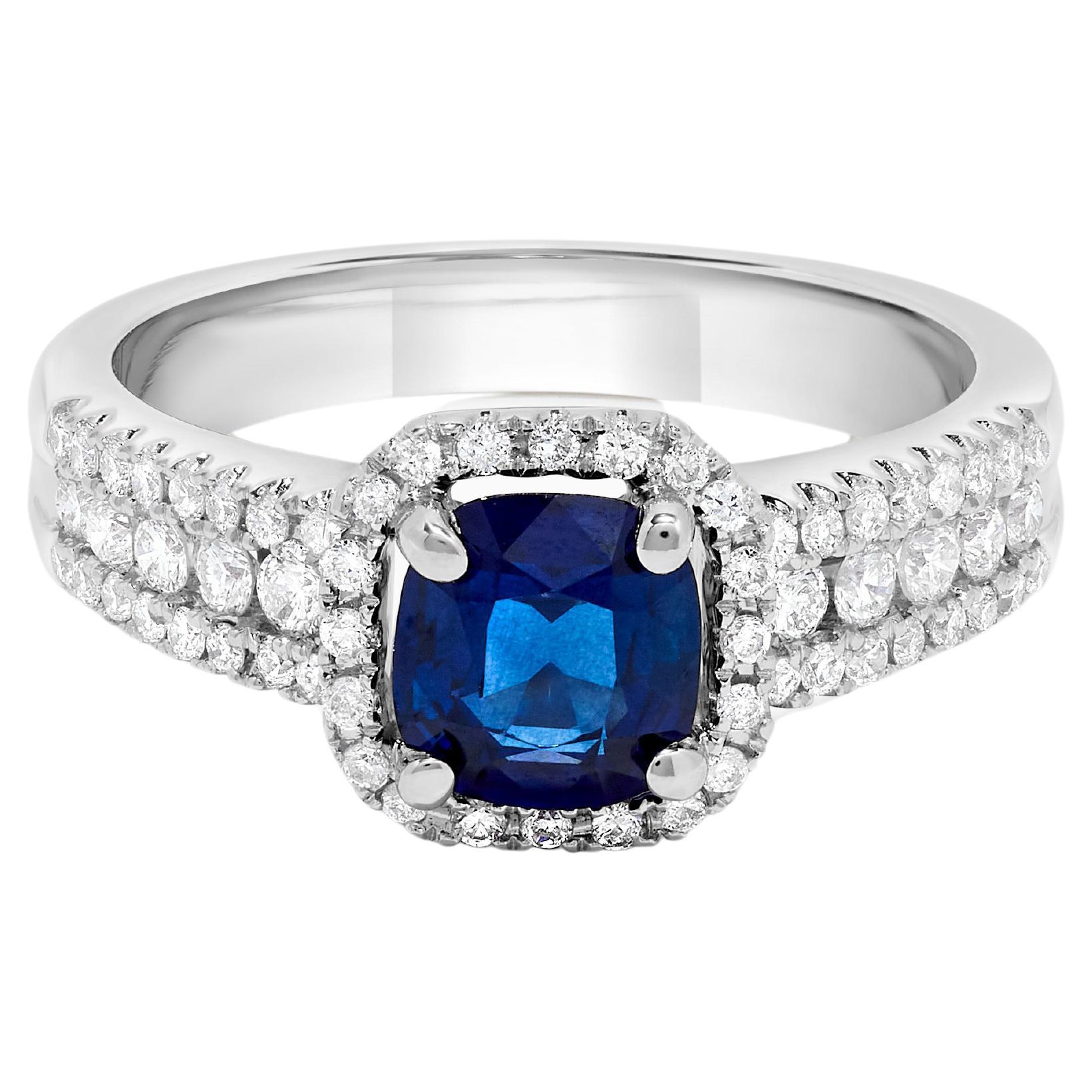 Natural Blue Cushion Sapphire and White Diamond 1.13 Carat TW Gold Cocktail Ring