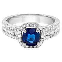 Natural Blue Cushion Sapphire and White Diamond 1.13 Carat TW Gold Cocktail Ring