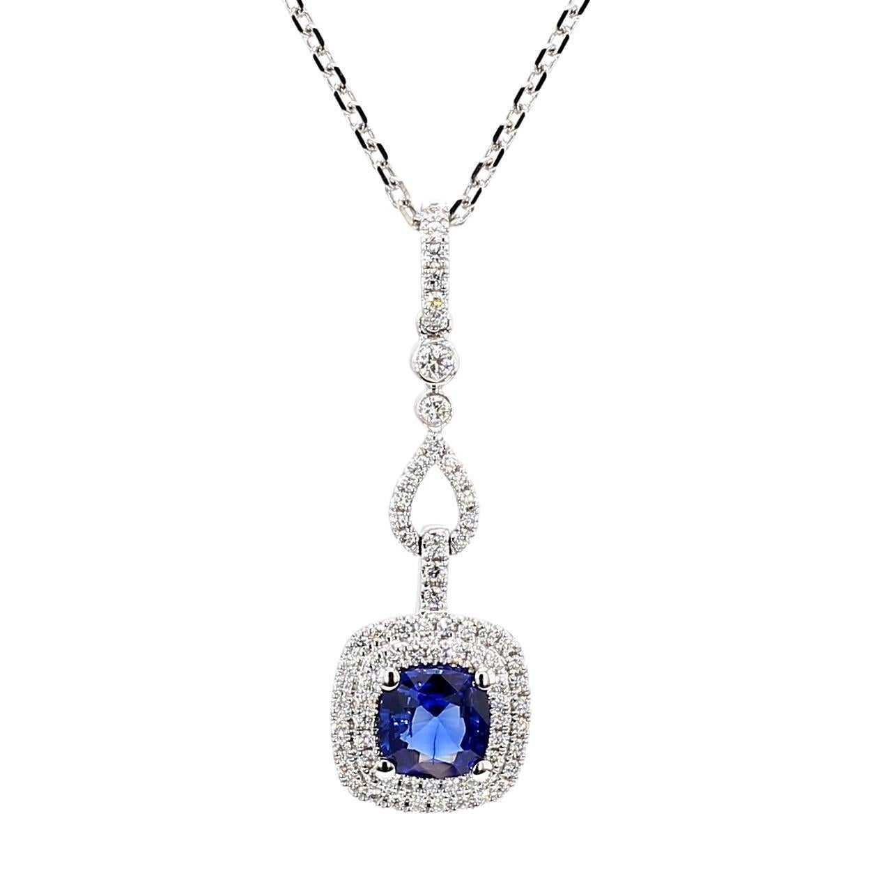 natürlicher blauer Saphir im Kissenschliff und weißer Diamant 1.23 Karat TW Weißgold Anhänger (Zeitgenössisch) im Angebot