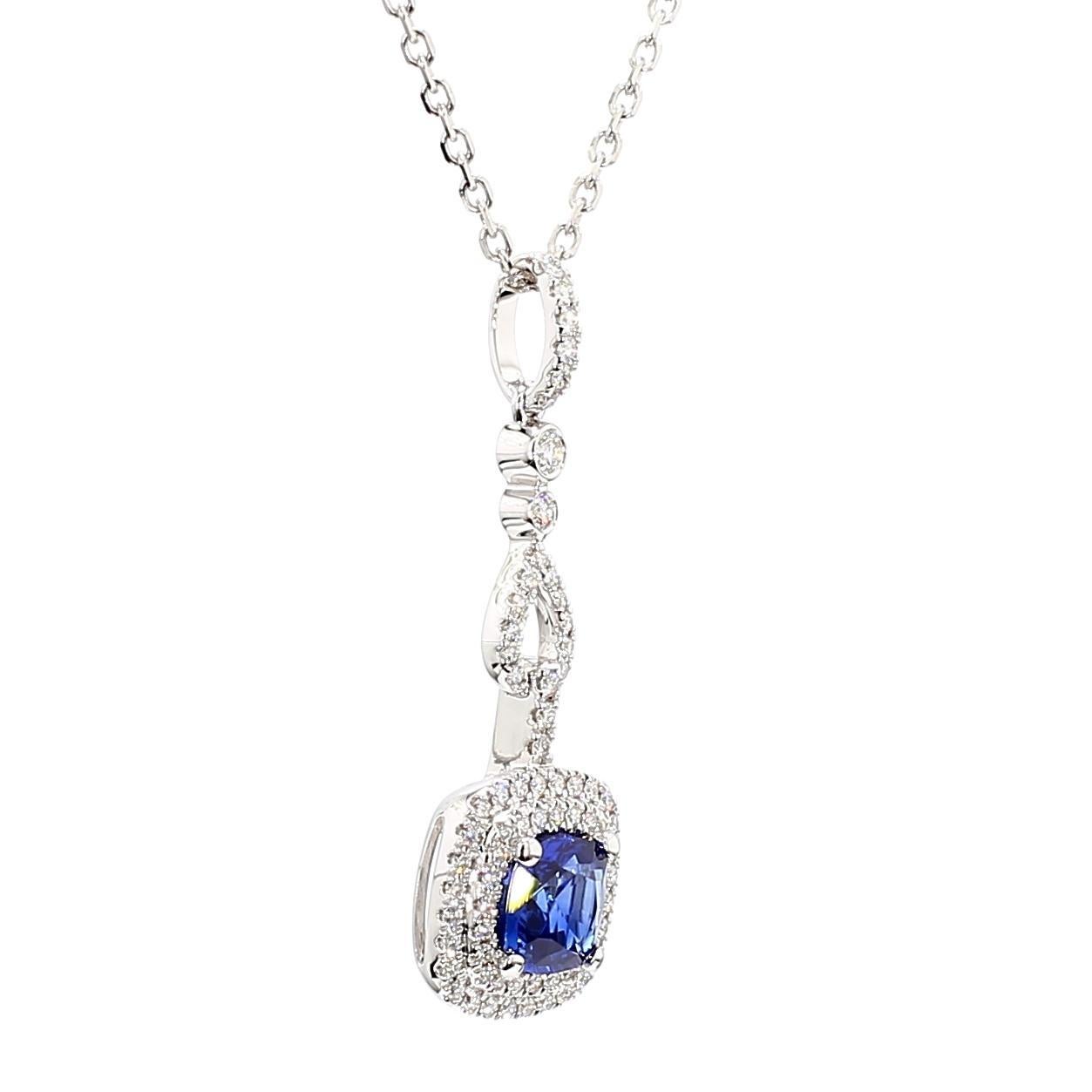 natürlicher blauer Saphir im Kissenschliff und weißer Diamant 1.23 Karat TW Weißgold Anhänger im Zustand „Neu“ im Angebot in New York, NY