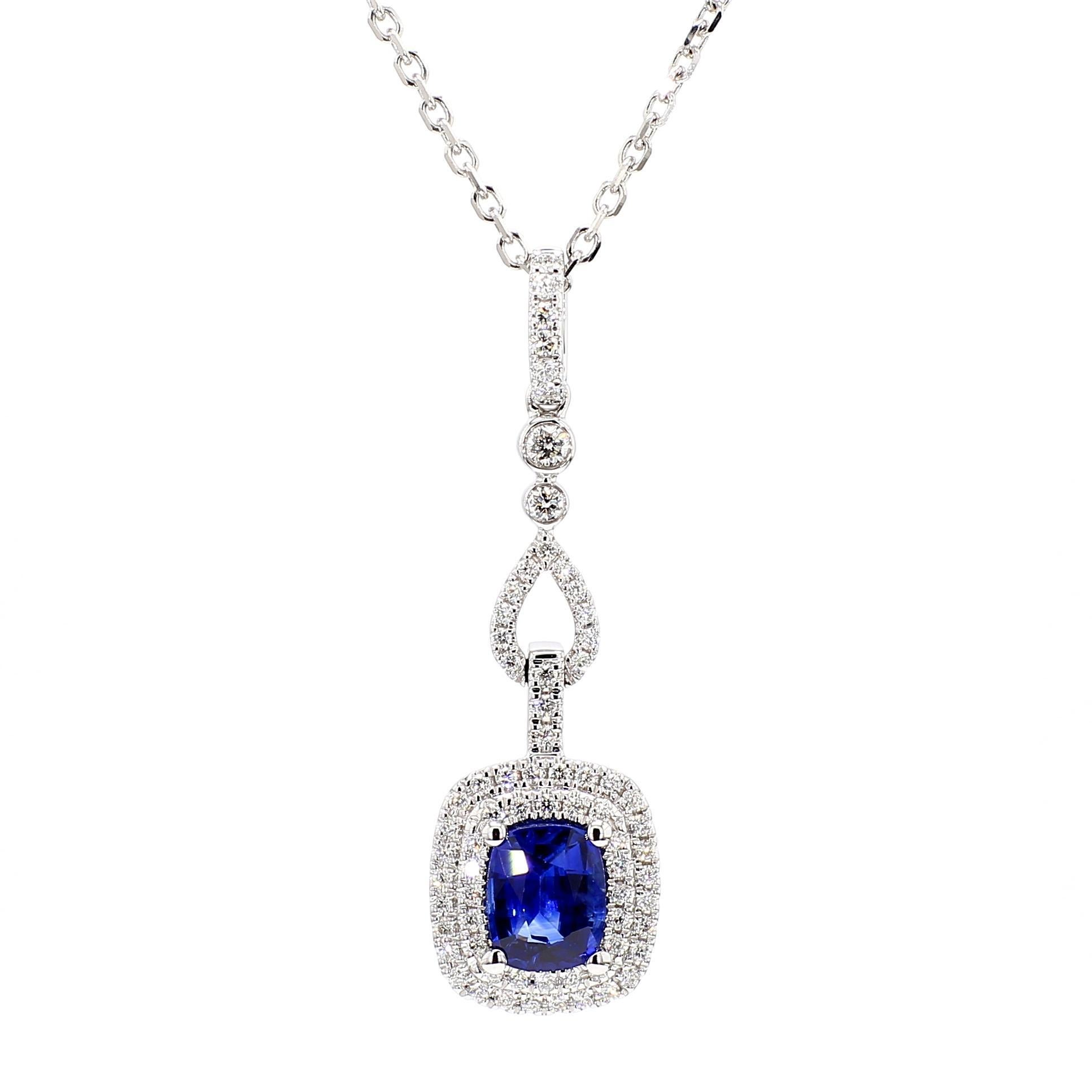 Colgante de oro blanco con zafiro cojín azul natural y diamante blanco de 1.28 quilates TW Contemporáneo en venta